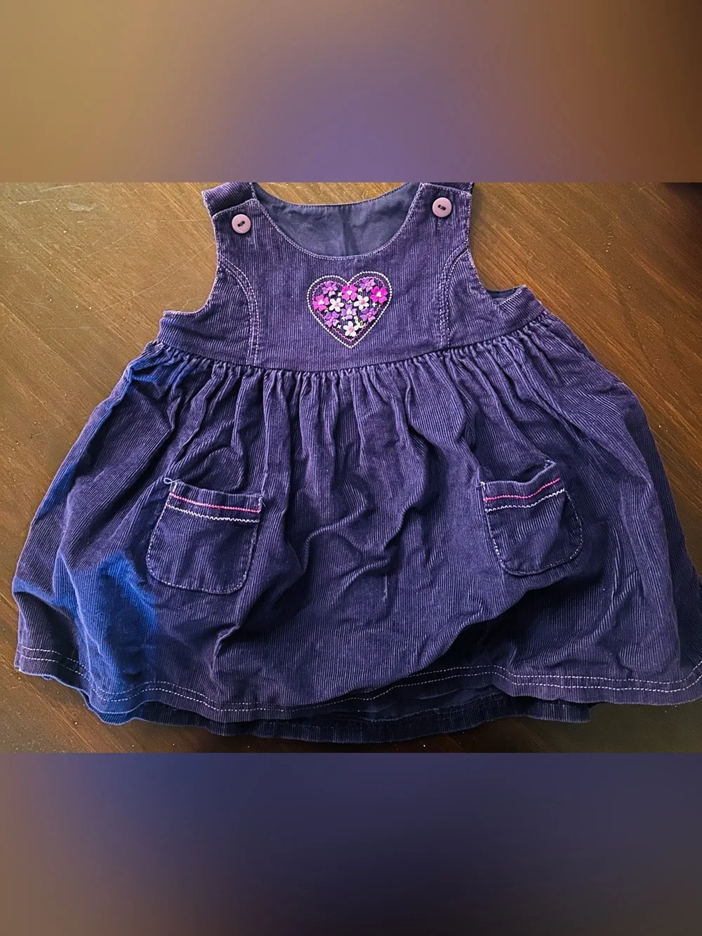Baby Girls Purple Corduroy Pinafore Dress with Heart Embroidery